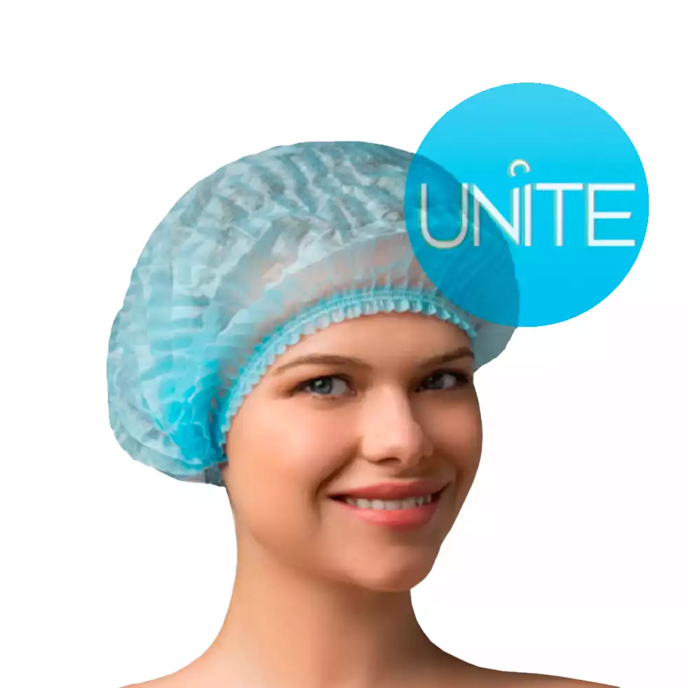 Шапочка Шарлотта (клип) Unite, материал СМС 15г/м2, двойная резинка, длина 48см, нестерильная, голубая