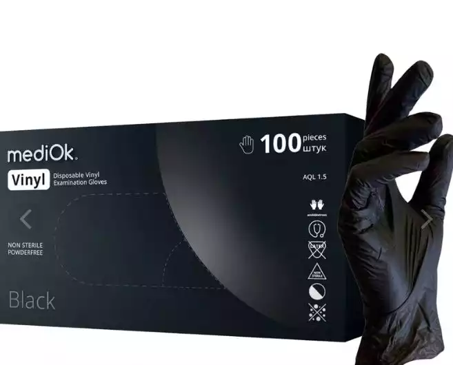 Перчатки смотровые mediOk Vinyl, размер S, виниловые, неопудренные, нестерильные, гладкие, черные, упаковка 50 пар