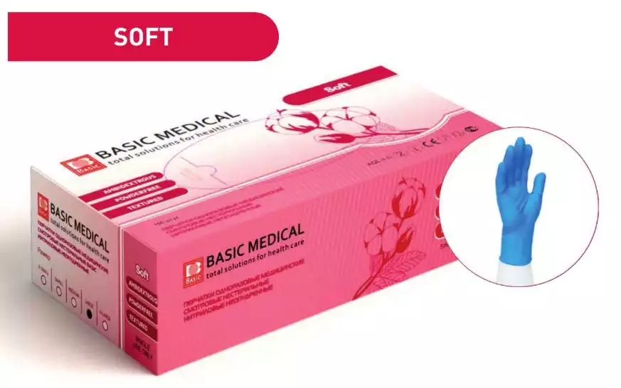 Перчатки Basic Soft, размер L, нитриловые, вес 6,0 г/пара, нестерильные неопудренные, текстурированные на пальцах, цвет голубой, упаковка 50 пар